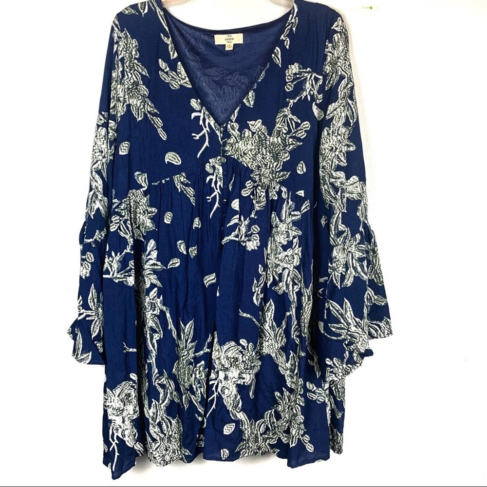 Entro Blue Floral Mini Dress with Bell Sleeve Boho Size Large